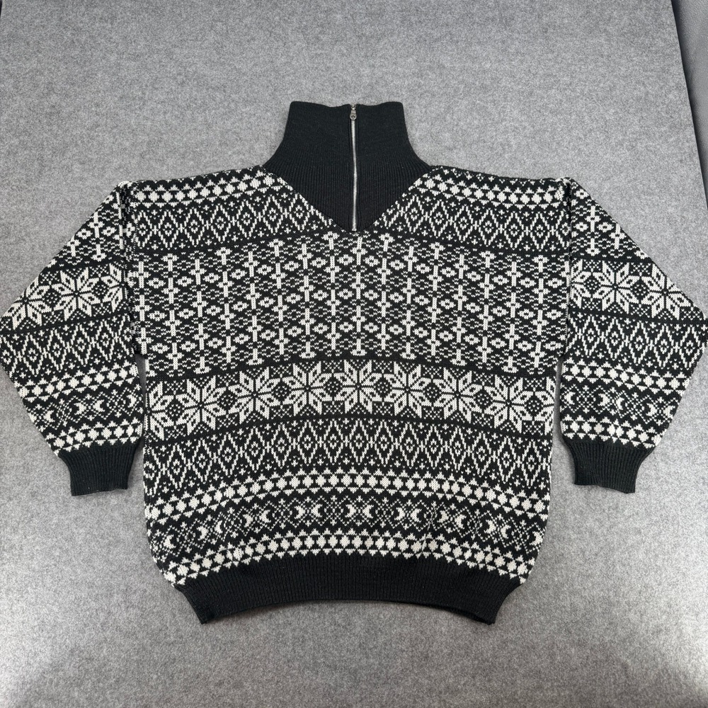 Randy River Sweater Mens XL Quarter Zip Nordic Fair Isle Black White EUC